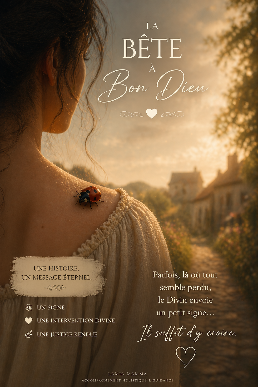 Femme vue de dos avec une coccinelle posée sur son épaule, illustrant la symbolique de la Bête à Bon Dieu comme signe de foi, de protection et de transformation intérieure.