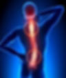 X-ray illustration of a person holding their neck, highlighting the spine in bright red against a blue background, indicating pain.