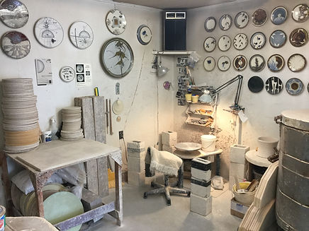 My potter's wheel and electric kiln.