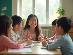 A group-of-children-playing-a-mandarin-learning-game-with-fun-and-excitement-in-classroom.