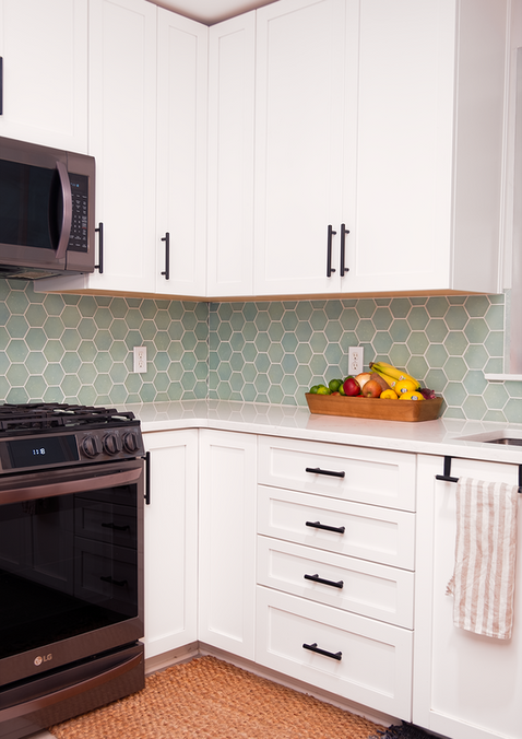 green hexagon tile, white cabinets, kitchen remodel