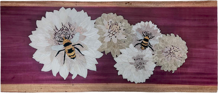 Purple Heart wood coffee table with inlay stone work featuring honeybees and flowers with black metal base