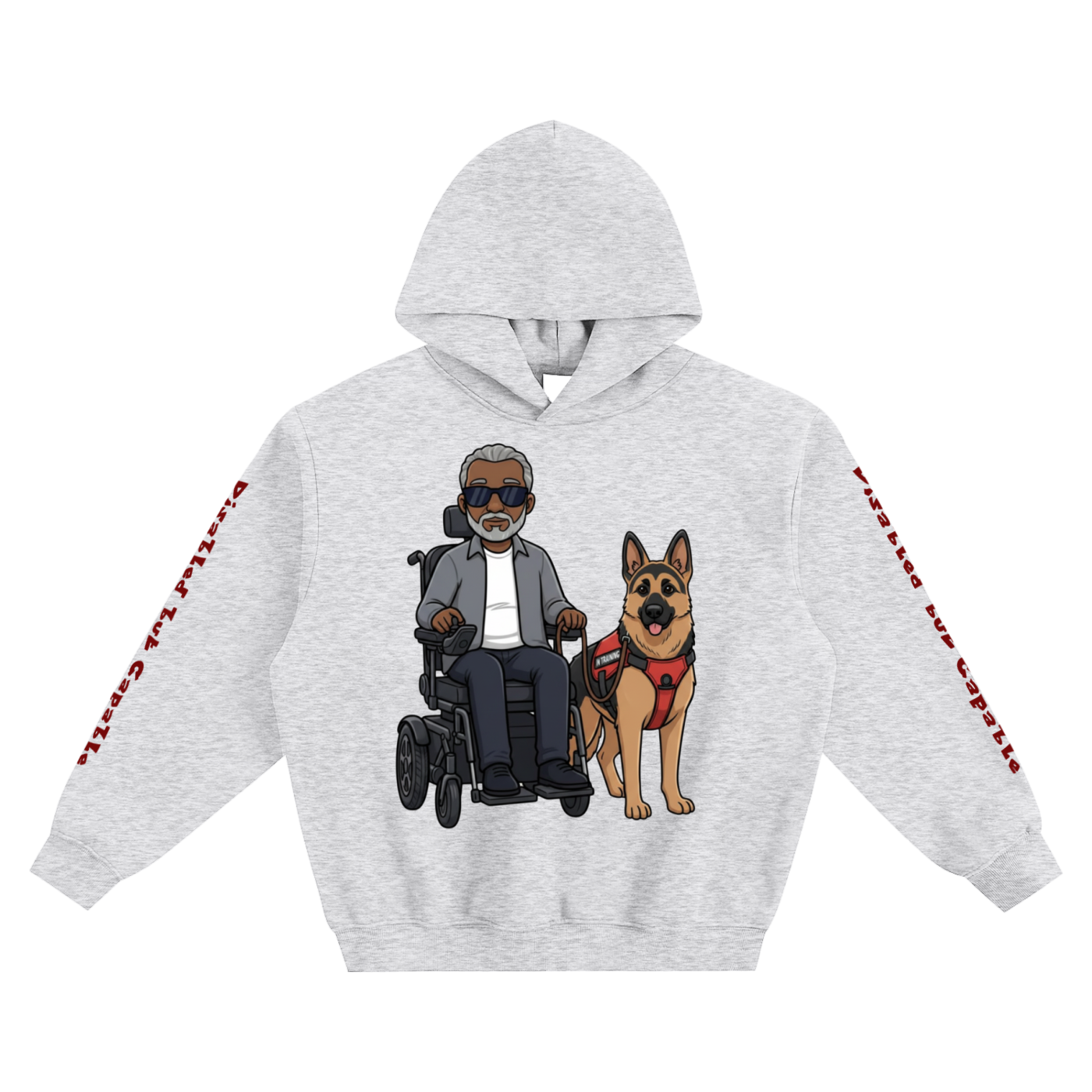 Fleeced Boxy Hoodie with wheelchair user and service dog