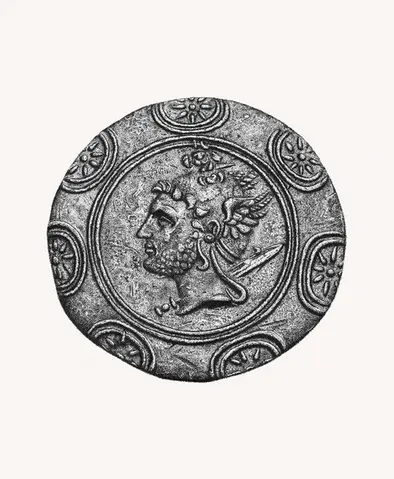 Stippling ink drawing of Philip V tetradrachm – ancient Greek coin illustration in black and white.