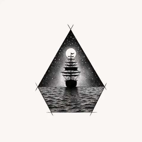 Black and white stippling ink drawing of a ship on the ocean under a starry sky and moonlight.