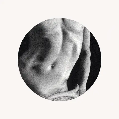 Ink stippling drawing of a male torso, detailed hand-drawn minimalist artwork