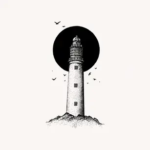 Stippling ink drawing of a lighthouse in black and white, tattoo-style