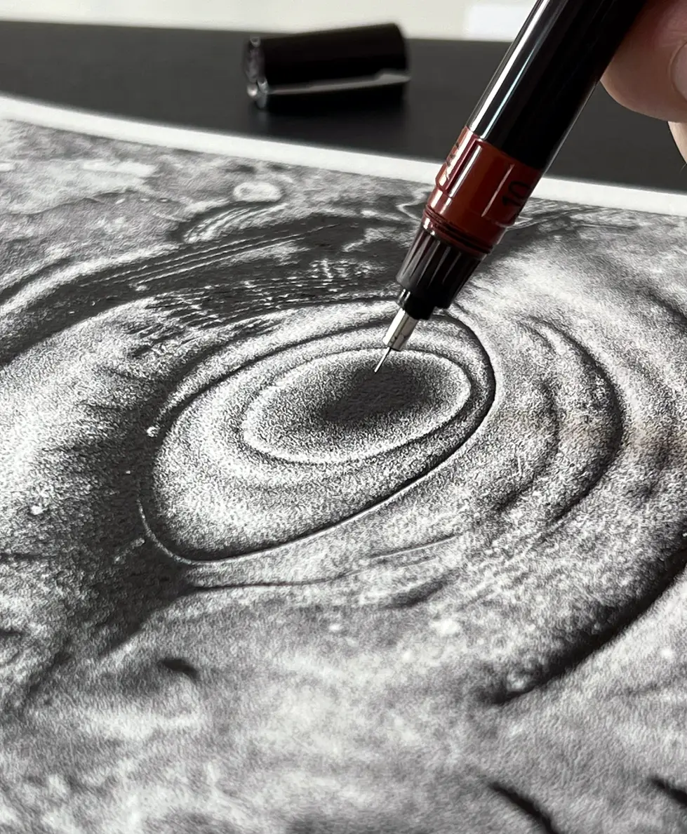 Cachalote’s eye stippling ink drawing, detailed whale eye illustration
