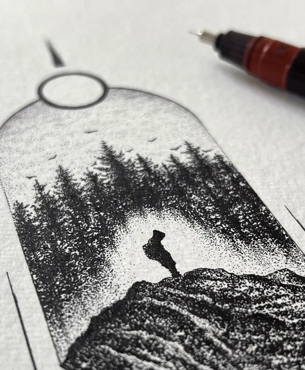 Ink stippling illustration of a quiet mountain landscape, symbolizing solitude, nature, and peaceful escape beyond the noise. Dark tattoo.