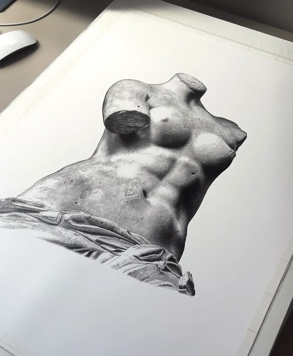 a black and white drawing of a woman 's torso classical statue artwork