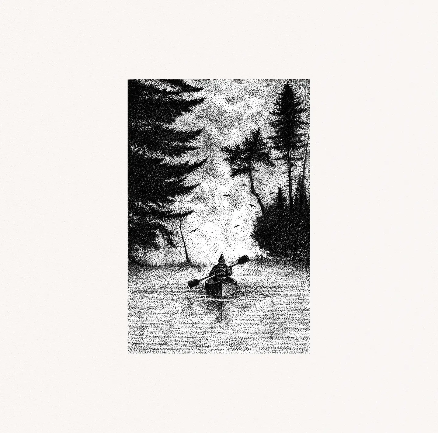 Drawing of boat on river in stippling technique.