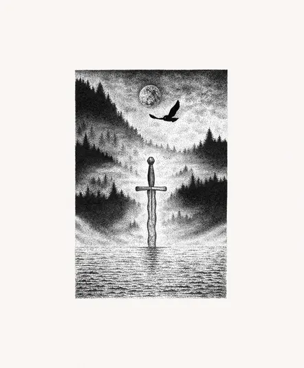 Stippling ink drawing of a night scene with moon, sword in water, crow, and bare trees.