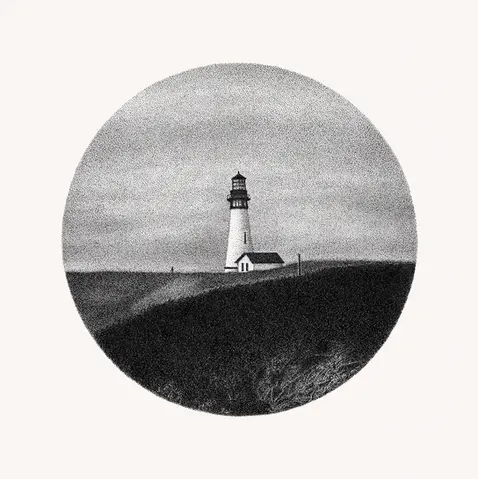 Moody lighthouse stippling drawing in ink by Mariana Pohrebelna