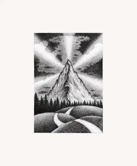 Stippling ink landscape drawing with mountain, sunset, trees, and a path through meadows