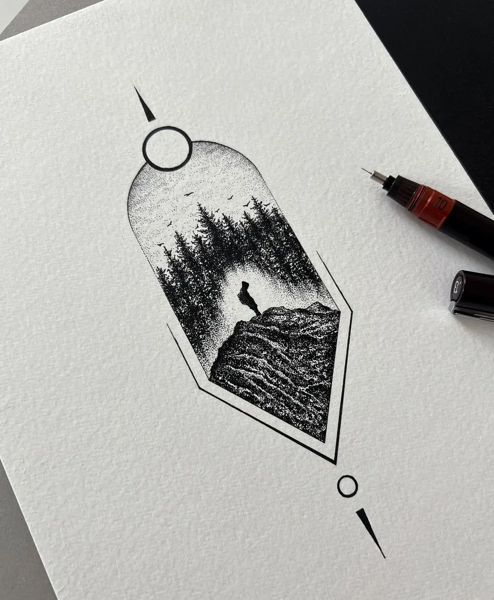 Ink stippling illustration of a quiet mountain landscape, symbolizing solitude, nature, and peaceful escape beyond the noise. Tattoo mountains.