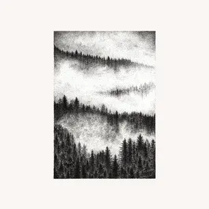 Stippling ink illustration of forest trees fading into mist and fog