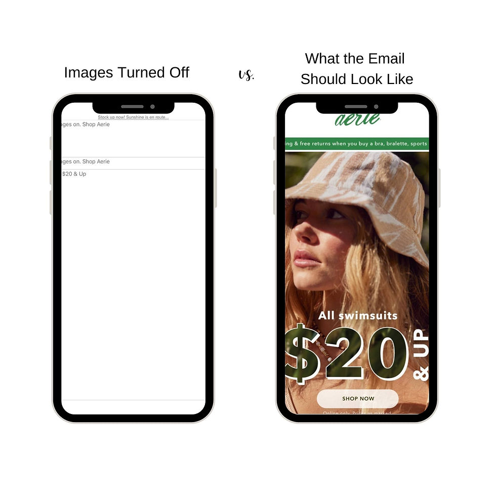 email marketing comparison for small business showing 2 mobile screens with images turned on and turned off