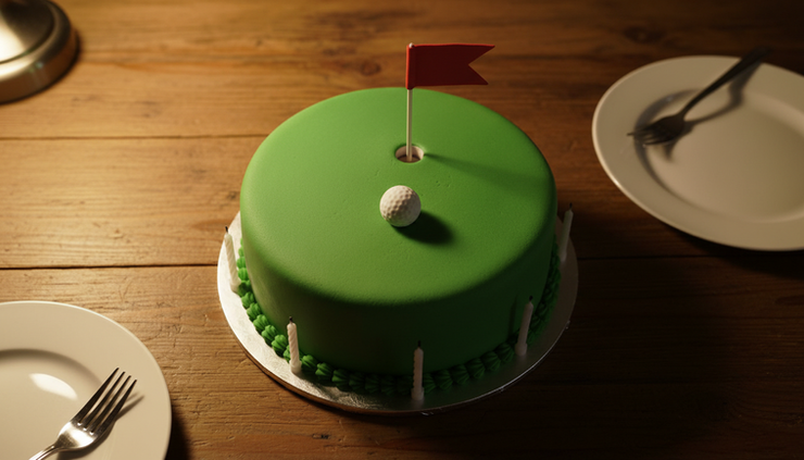 Overhead view of a golf-themed 40th birthday cake with simple green and white details