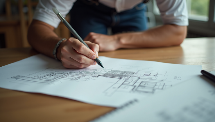 Eye-level view of a man sketching architectural designs on a wooden table