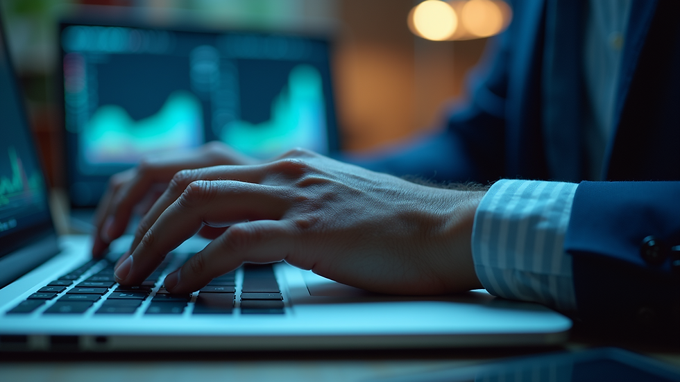 Eye-level view of a cybersecurity consultant analyzing data on a laptop