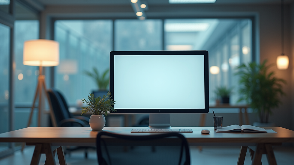 Vue en plongée d’un bureau avec un écran affichant un tableau de bord digital