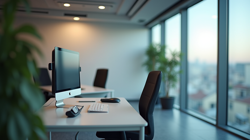 Vue en plongée d’un bureau avec un ordinateur affichant un tableau de bord digital