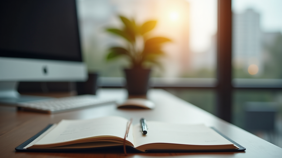 Vue rapprochée d’un bureau moderne avec un ordinateur et un carnet de notes