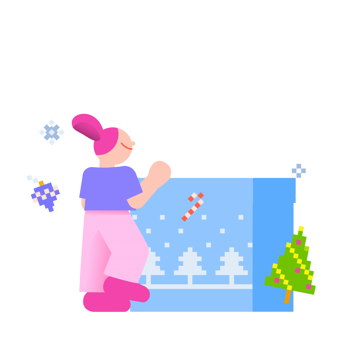 8bit-young-woman-opens-a-box-of-christmas-decorations.gif