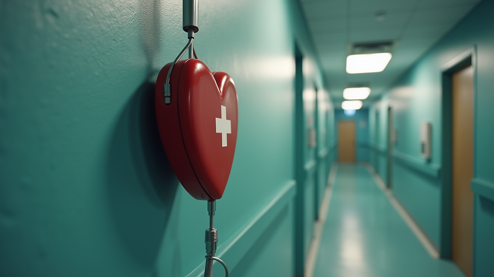 Eye-level view of a defibrillator mounted on a wall