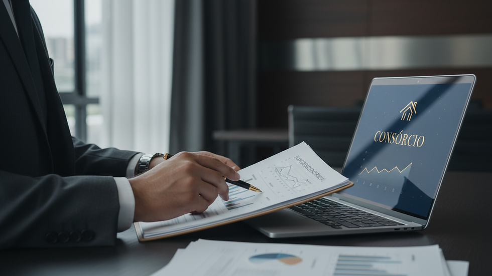 Close-up view of a person analyzing financial documents and a laptop with consórcio information
