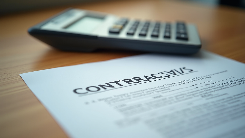 Close-up view of a calculator and contract on a wooden table