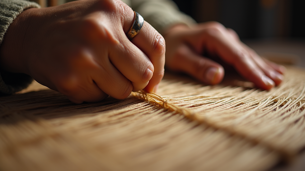 Eye-level view of artisan weaving fabric for unga'doek'i headwear