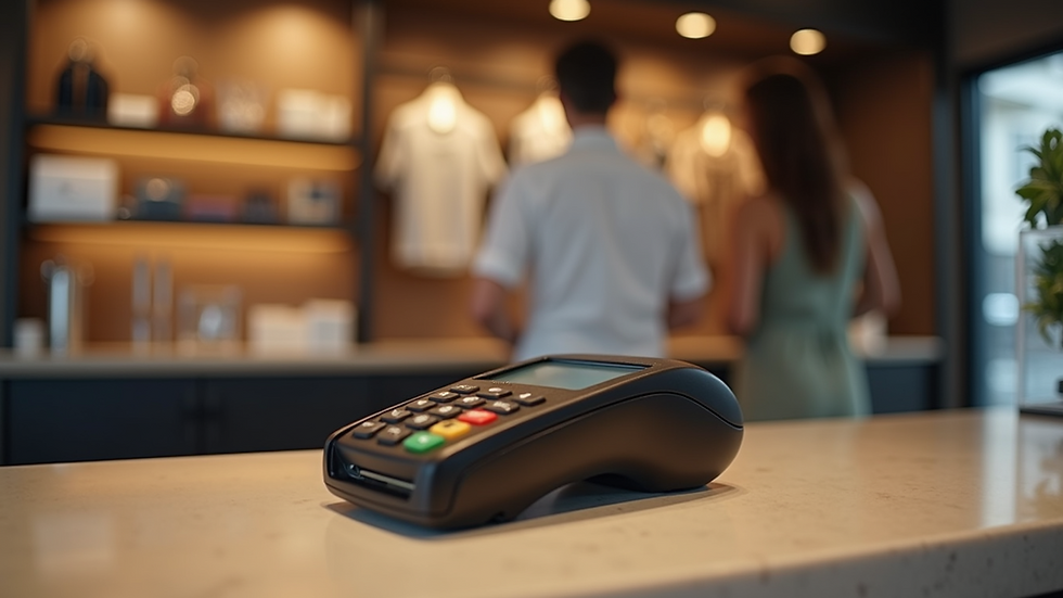 Eye-level view of a stylish boutique checkout counter with payment terminal