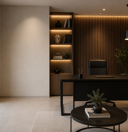 Oficina ejecutiva moderna con escritorio, silla, mesa auxiliar y decoración sobria, utilizada para representar el área de contacto de Ascenso Patrimonial.