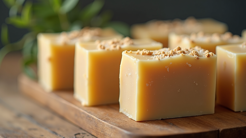 Close-up view of handmade soap bars arranged on a wooden table