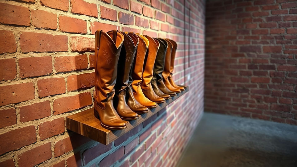 a shelf on a brick wall lined with wide-calf cowboy boots that is oriented in a landscape