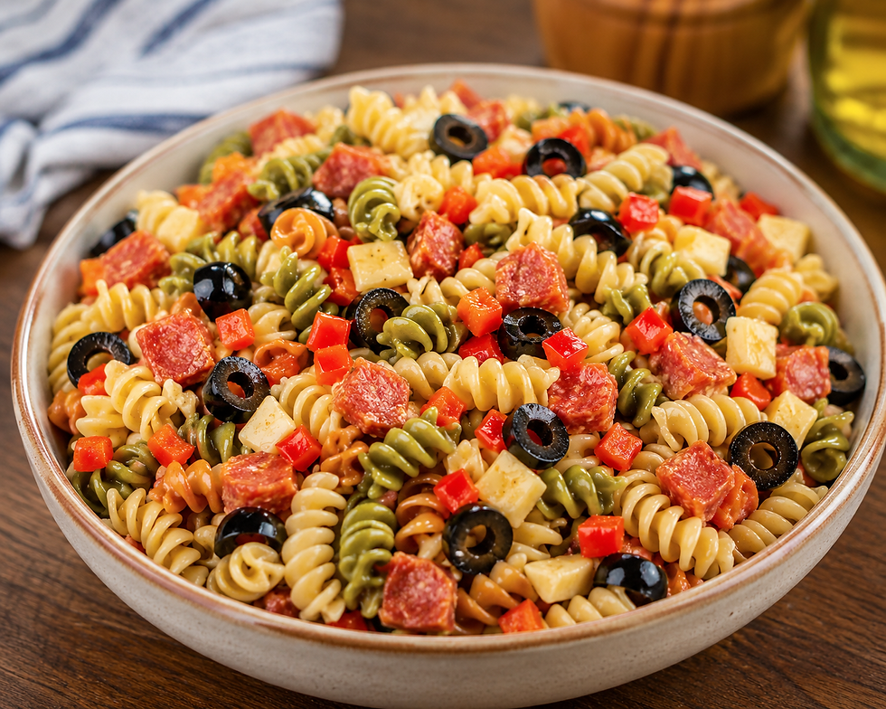 Bowl of tri-color rotini pasta salad with salami, black olives, cheese, and red peppers on a wooden table, colorful and fresh