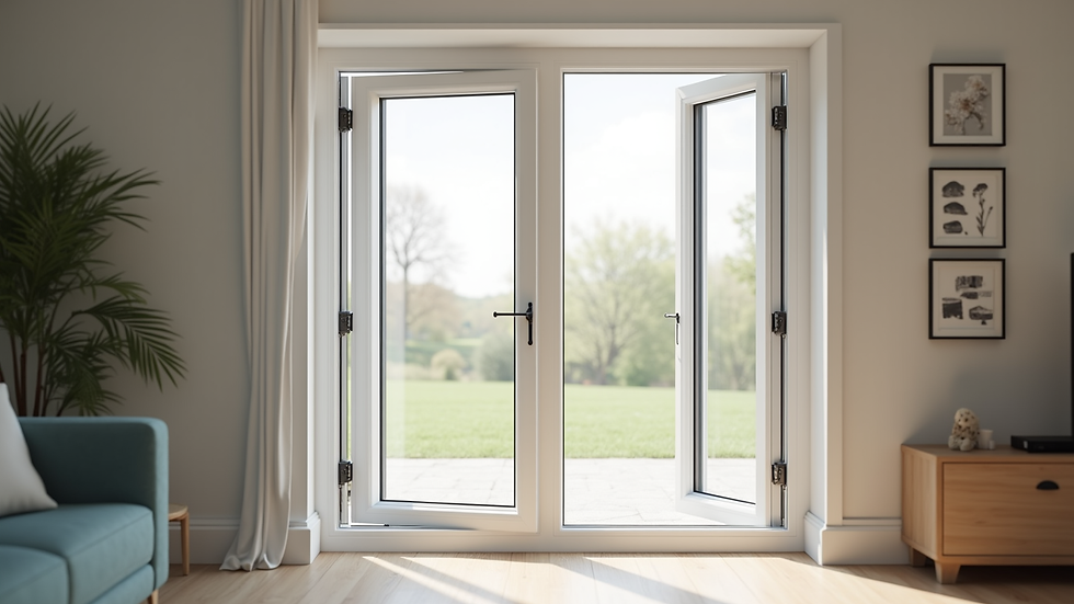 Eye-level view of white uPVC casement window open in a modern living room