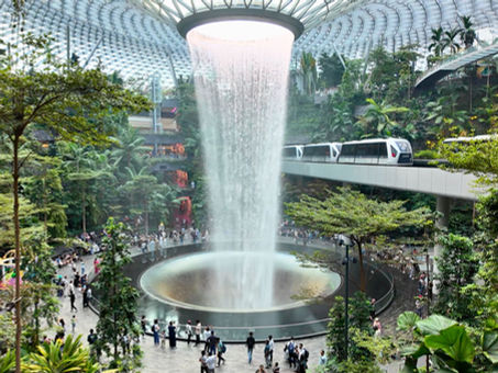 A towering waterfall surrounding by lush greenery