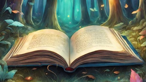 A colorful illustration of an open book placed on the beautiful forest floor.