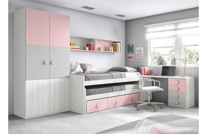 CAMA COMPACTA CON CAJONES, ARMARIOS Y ESCRITORIO ROSA