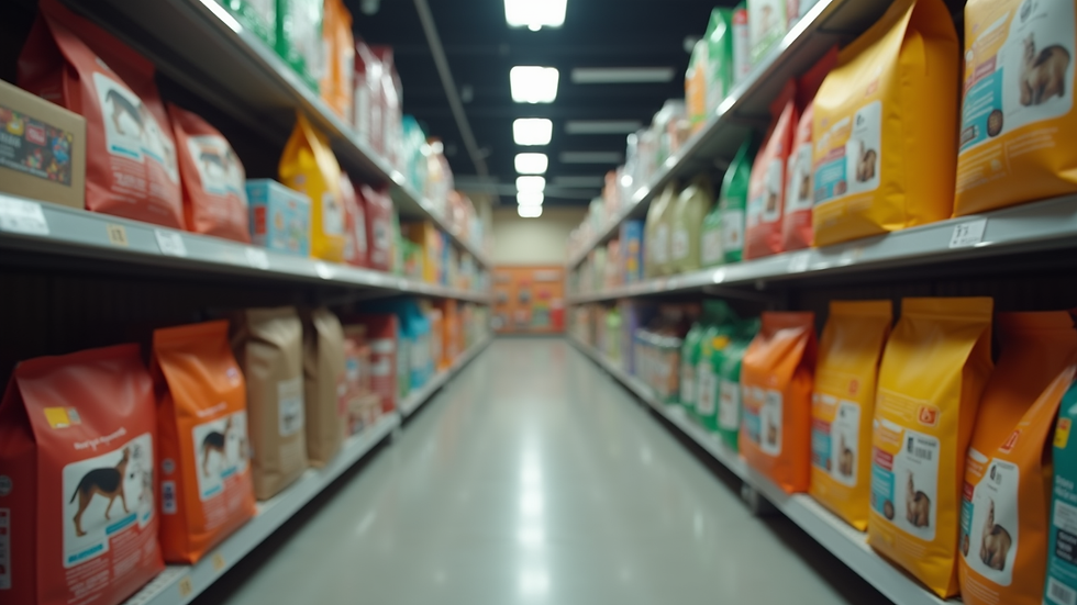 Eye-level view of a shelf stocked with various pet food bags