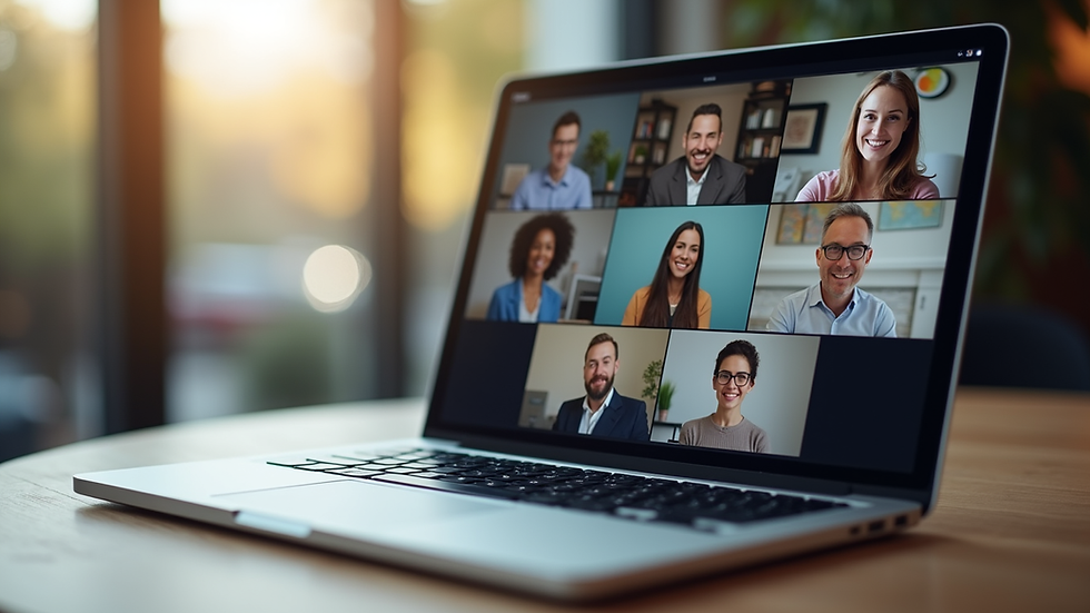 Eye-level view of a laptop screen showing a virtual support group meeting