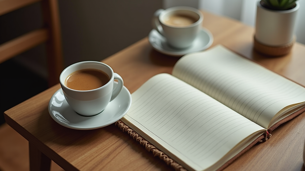 High angle view of a cozy kitchen table with two cups of coffee and a notebook