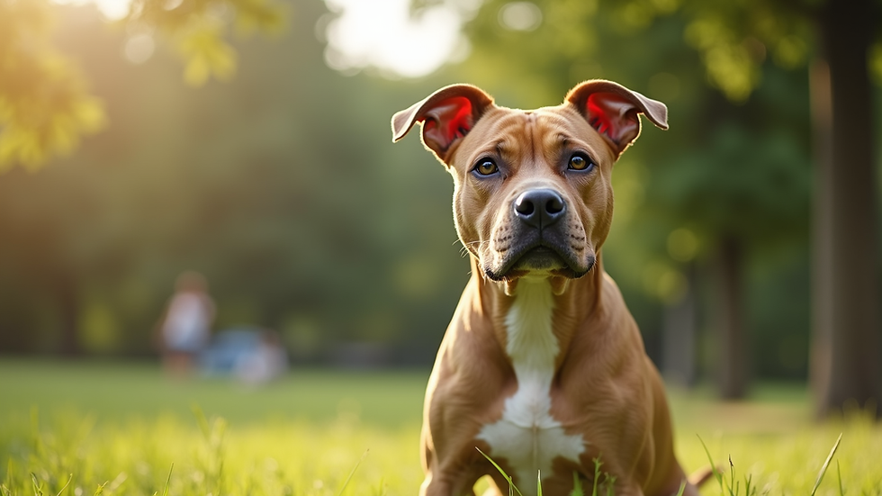 Eye-level view of a pit bull sitting calmly in a sunny park