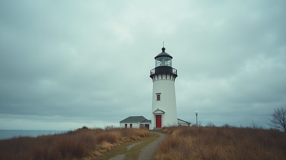High angle view of a lighthouse standing tall against a cloudy sky on a breezy day in Massachusetts