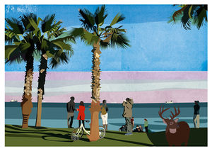 Illustration-collage of Evangelia Goutianou where appears la Malagueta beach, Malaga