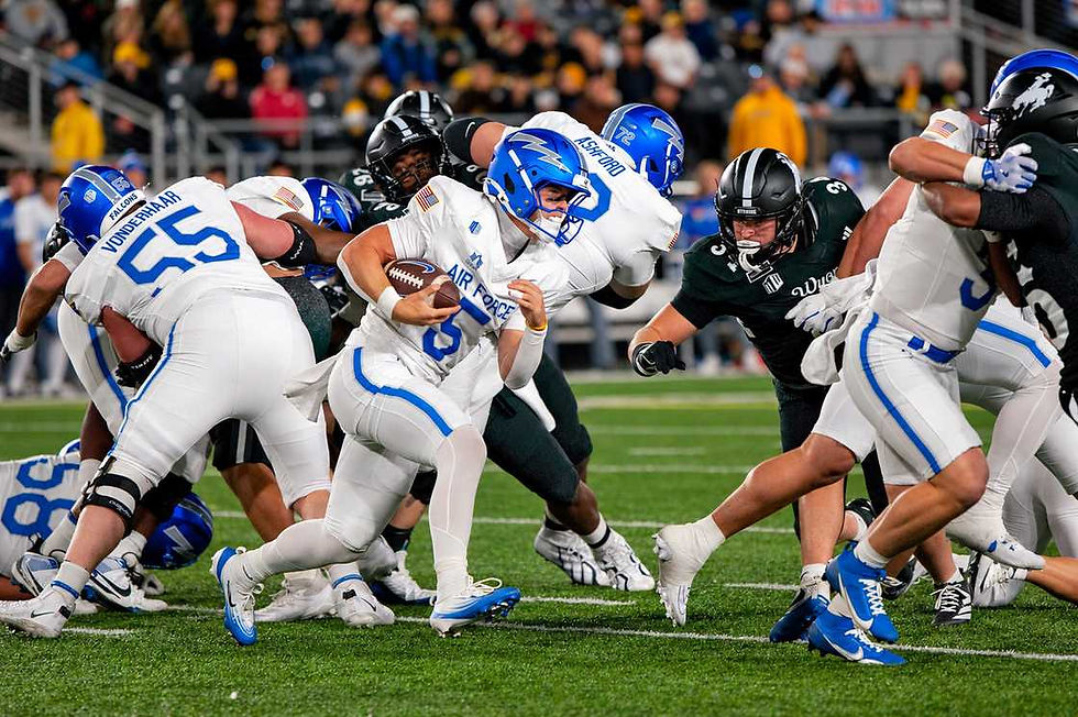 An Air Force quarterback runs with the ball against Wyoming at War Memorial Stadium on Friday, Oct. 23, 2026. Photo by Christian Lasher, PokesNews.com.