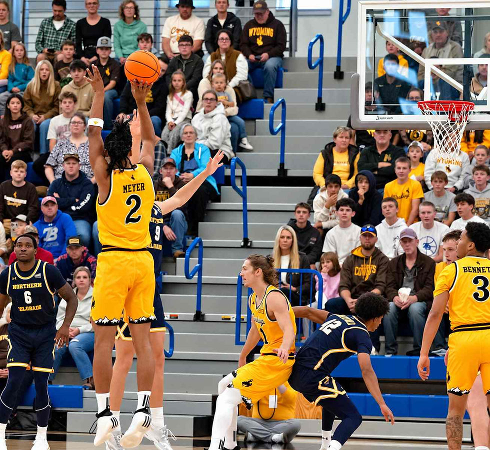 Wyoming guard Nasir "Naz" Meyer (#2) attempts a jump shot against Northern Colorado during an exhibition game in Gillette, Wyoming. Photo by Jeff Bugher, PokesNews.com.