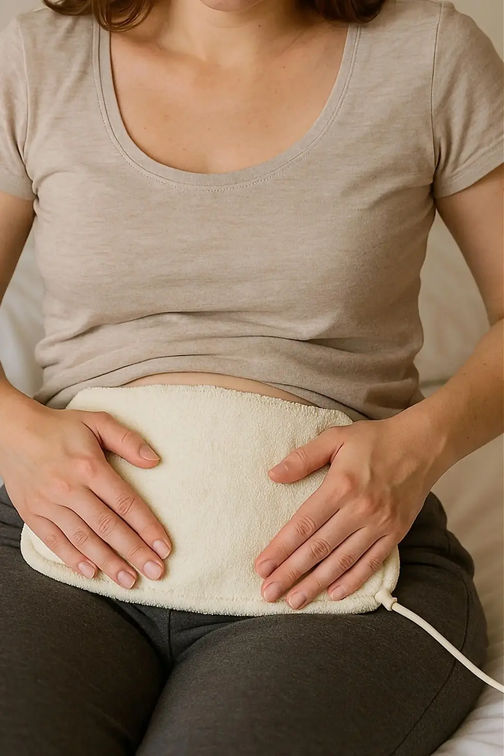 Heating pad placed over a person's lower abdomen